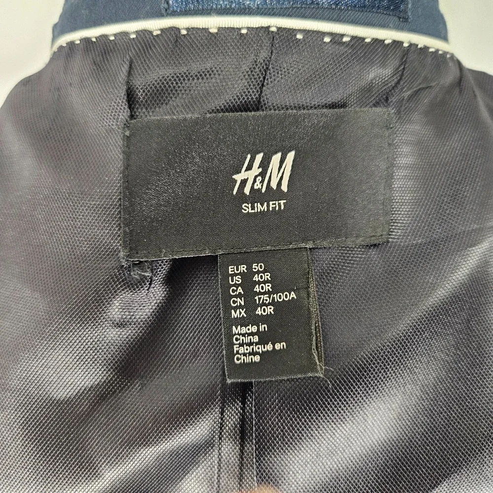 H&M Men's Two Button Sport Coat Blazer Navy Polyester‎ Blend Slim Fit 40R
